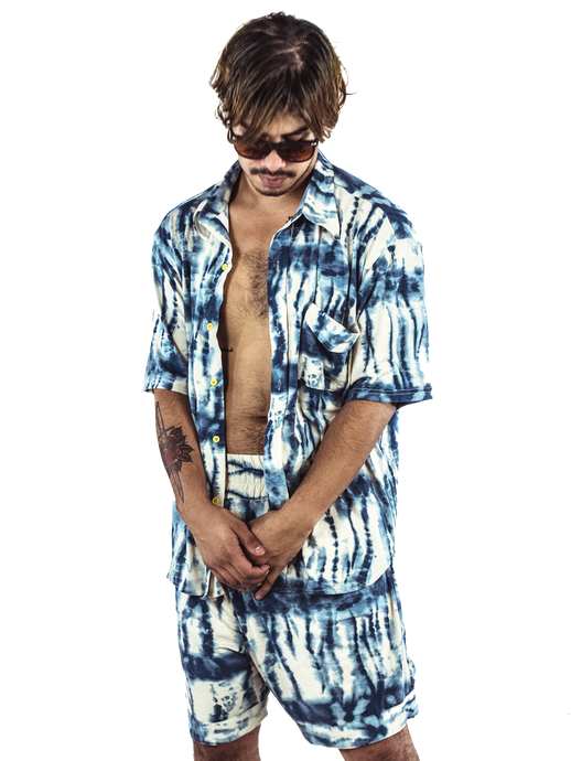 Oversized Cotton Boxing Shorts - Blue Tie Dye